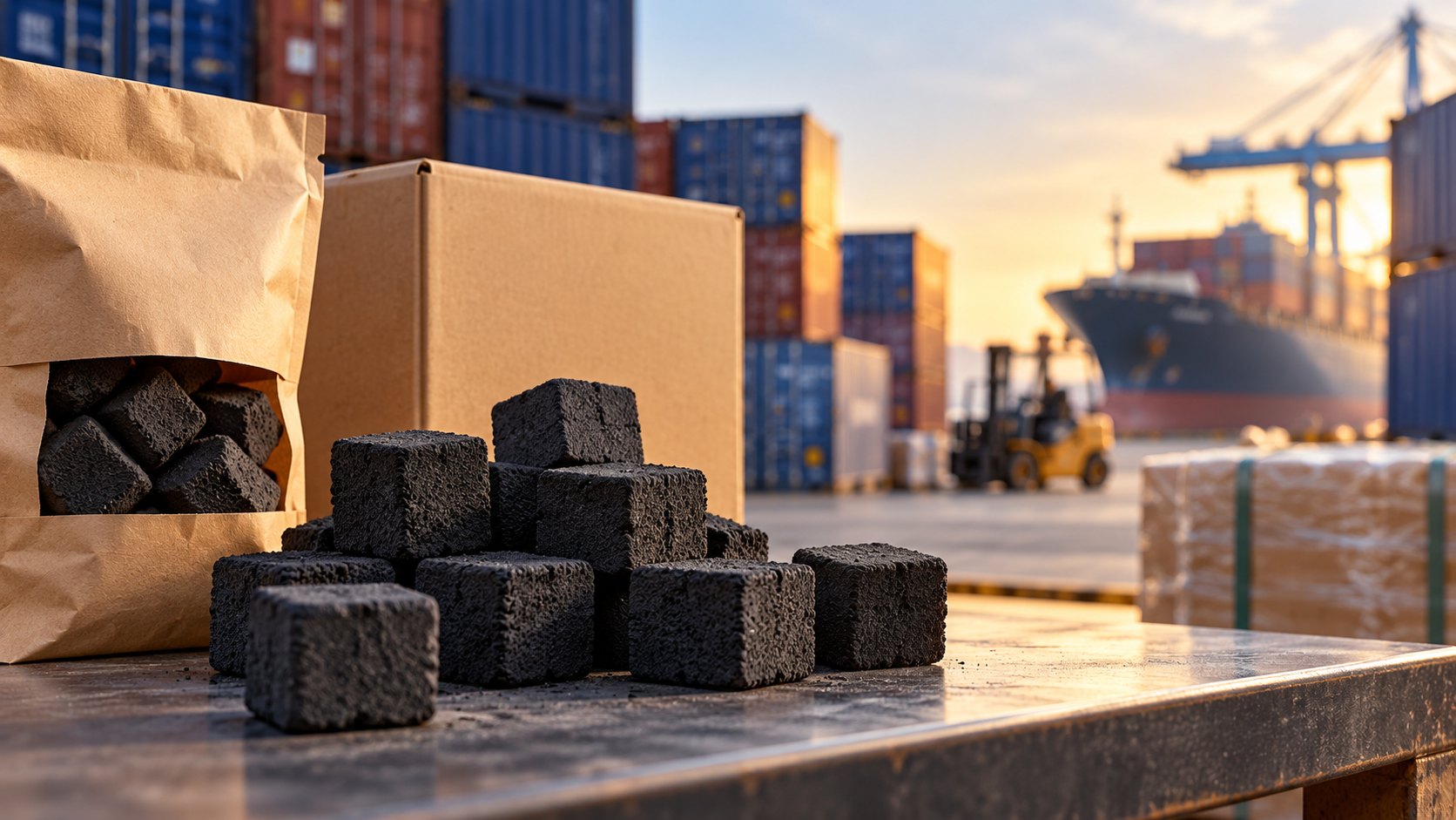 Coconut charcoal briquette cubes beside kraft packaging with shipping containers and a cargo ship in the background